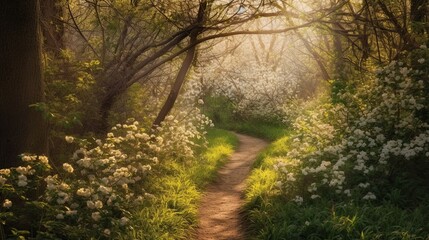 Fototapeta premium Sunlit Path with Spring Blossoms.