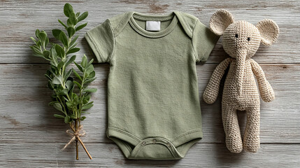 Soft green baby onesie paired with a handmade elephant toy and greenery on a wooden surface, creating a cozy and inviting atmosphere for welcoming a newborn