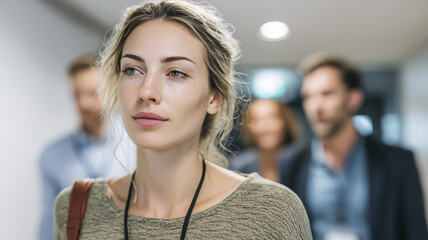 Young White woman with blonde hair wearing a light green sweater standing in an indoor office corridor with blurred colleagues in business attire in background