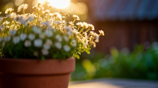Charming daisy flowers in terracotta pot bathing in soft sunlight, perfect for spring or summer garden ambiance.