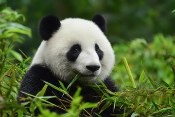 Fototapeta premium A giant panda is eating bamboo surrounded by lush green foliage in its natural habitat