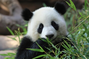 Fototapeta premium A giant panda is eating bamboo leaves while surrounded by greenery, displaying its distinctive black and white fur