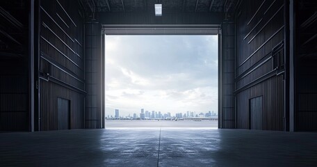 Industrial hangar interior, open doors to city view