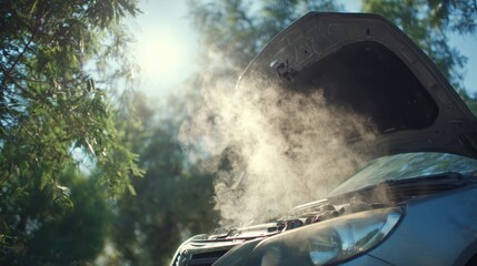A car with an open hood is emitting steam in a sunny outdoor setting, indicating possible engine overheating or mechanical trouble