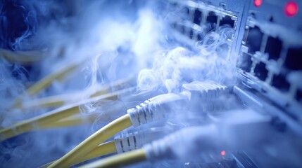 Network cables plugged into a server with visible smoke, suggesting overheating or a critical malfunction in the data center