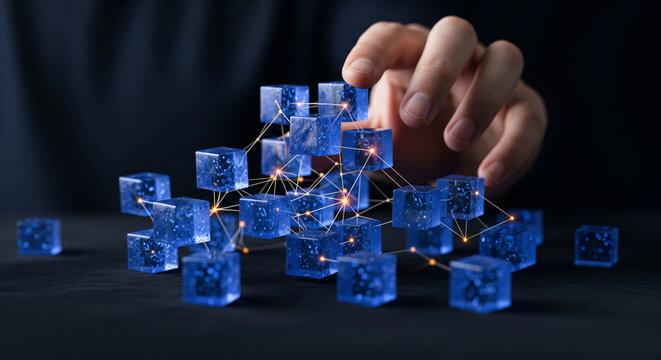 Blue glass cubes interconnected by glowing lines, a hand carefully arranging them, symbolizing network, connection, and data structure