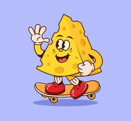 Retro cheese cartoon character riding skateboard. Fun and cute vintage food mascot illustration