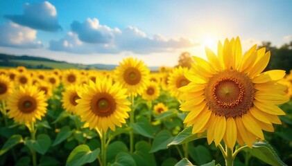 Golden Sunflowers Basking in Summer Sun A Vibrant Field Stretching to the Horizon, Perfect for Agriculture, Nature, and Food Projects