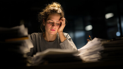 Young White woman with tied hair wearing gray textured sweater sitting at office desk at night resting head on hand with large stack of papers and dimly lit modern background