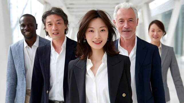 A diverse group of business professionals in a corporate office setting. long_title:A diverse group of confident, middle-aged and young professionals - Powered by Adobe