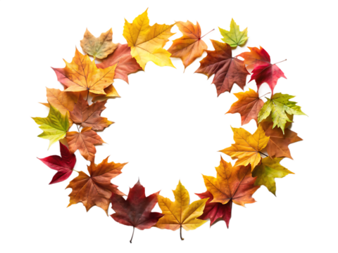 Autumn maple leaves arranged in a circular frame with vibrant fall colors isolated on a transparent background