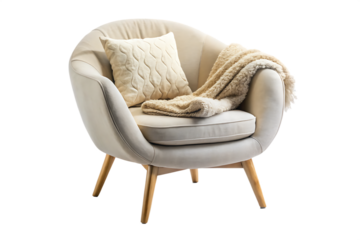 Beige single armchair with textured round pillow and fluffy blanket isolated on a transparent background