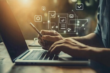 Naklejka premium Person working on laptop and phone, digital interface overlay