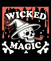 Vintage black vector illustration of skulls and floral elements in grunge Halloween style t-shirt 