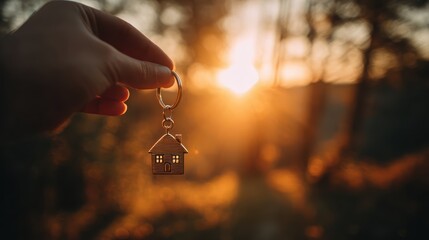 A hand holds a house-shaped keychain against a warm, golden sunset background outdoors