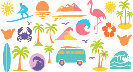 Colorful Tropical Beach Icons Collection in Vector Style