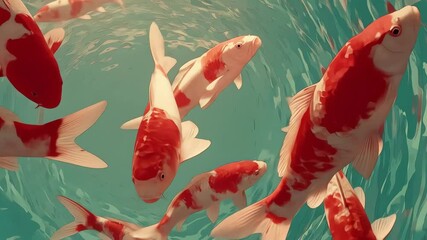 Koi fish swim red  white patterns clear water w light ripples artistic style