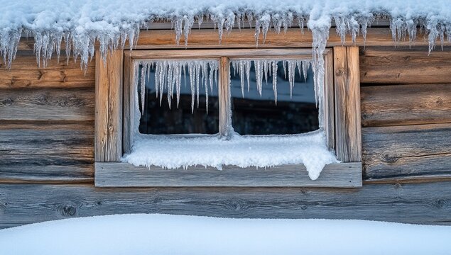 Frozen window on log cabin in snow
