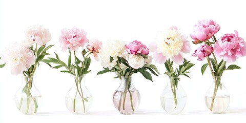 Fototapeta premium Delicate pink and white peonies in clear glass vases