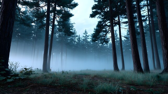 Mysterious foggy forest with towering trees