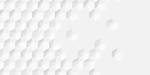 Grid of white inset random center polygon hexagon or honeycomb geometry background wallpaper banner, fading out, flat lay top view
