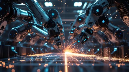 Industrial Robotics in Action with Metal Arms and Artificial Intelligence Control in Manufacturing Facility