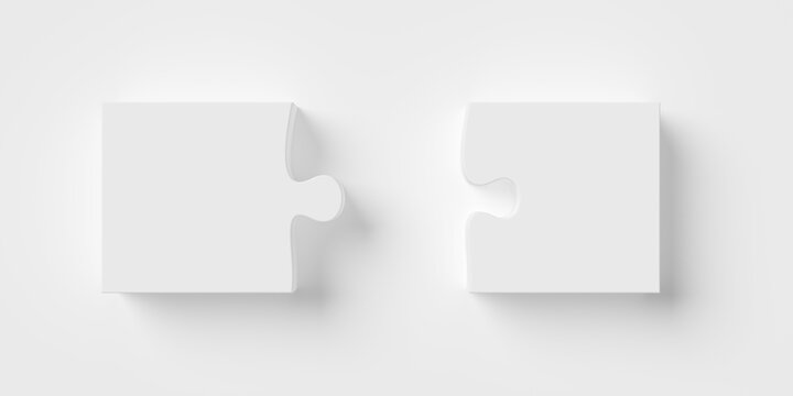 Two white jigsaw puzzle pieces next to each other on white background, flat lay top view from above, communication or teamwork concept