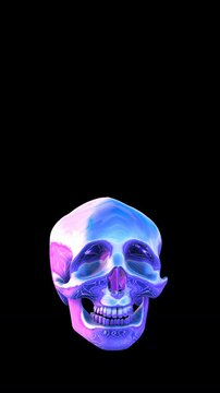 Seamless animation of water skull with deformation and reflections with copy space. Cool metallic Halloween vertical video