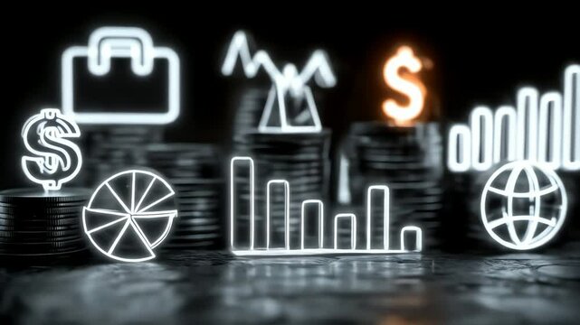 Neon business icons over coin stacks briefcase charts dollar sign globe