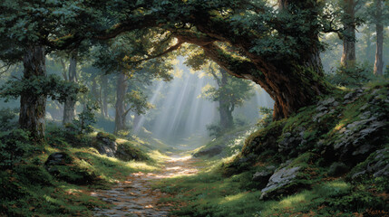 Magical Forest Pathway with Sunbeams Filtering Through the Canopy and Rainbows Emerging