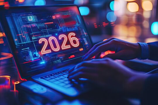 Close-up of hands typing on a laptop with the year 2026 highlighted in neon red, overlaid on a screen displaying digital code and graphs.  Night-time, city lights visible in background