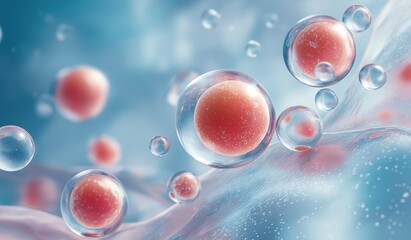Artistic depiction of human cells as floating red and white spheres in water, symbolizing advanced cell culture for medical research, set against a soft blue background
