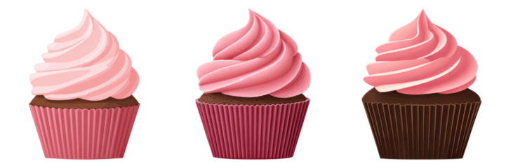Pink frosting cupcake dessert with chocolate base in colorful paper cup