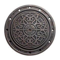 Ornate circular manhole cover with intricate pattern design  