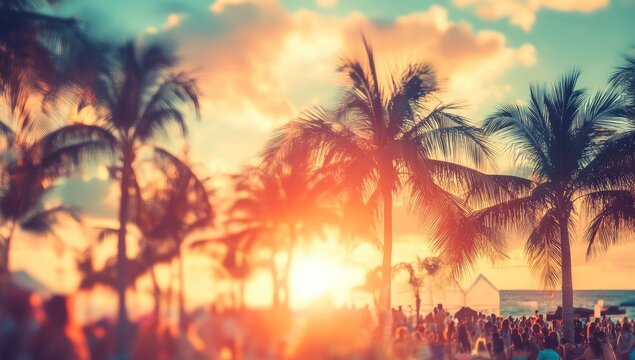 Sunset festival crowd under palm trees