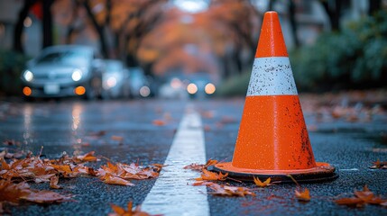 Orange traffic cone on a wet city street lined with fallen autumn leaves.