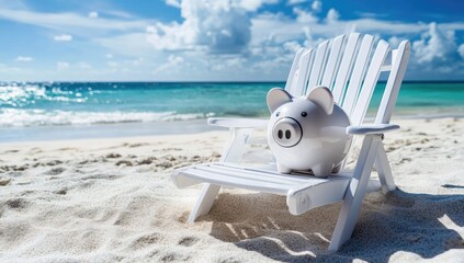 White piggy bank sits on a white beach chair on a sandy beach. Ocean waves lap at the shore. Bright sunny day