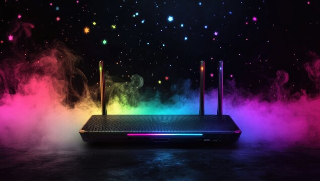 Router bathed in vibrant neon smoke