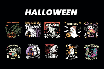 Vintage black vector illustration of skulls and floral elements in grunge Halloween style t-shirt bundil