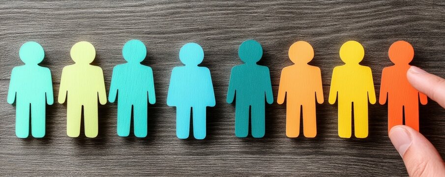 Colorful paper cutout human figures lined up on a wooden surface, with a hand selecting the orange figure.
