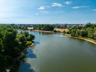 Novi Sad, Serbia - June 27, 2025: Aerial view of Danube island (Šodroš) near Novi Sad, Serbia.