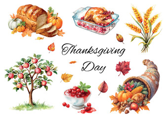 Set of watercolor Thanksgiving elements. Autumn symbols of the holiday: apple, ears of corn, autumn harvest, bread, pumpkin, cranberry sauce, cornucopia and others. Happy Thanksgiving. 