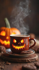 Spooky happy halloween hot drink with chocolate cookie and pumpkin with copy space
