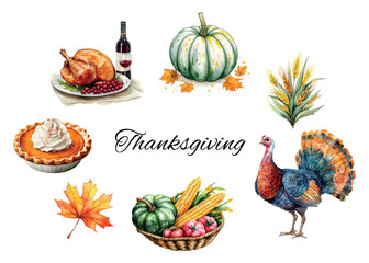 Watercolor set of Thanksgiving elements png. Turkey, pumpkin, wine, autumn leaves and wheat ears. Clipart for Thanksgiving designs, autumn designs, etc. Vector illustration.