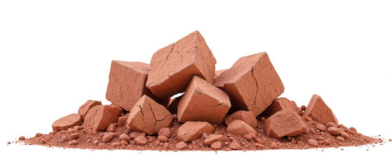 Fototapeta premium Piled clay bricks with rough texture and earthy color create natural and rustic appearance, ideal for construction and artistic projects