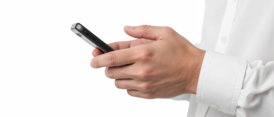 Person holding smartphone with white shirt, showcasing modern technology and communication. focus is hands and device, emphasizing connectivity