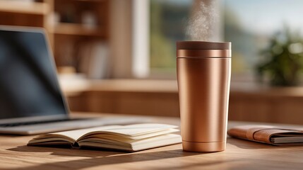 Fototapeta premium Overhead Shot of Copper Thermal Coffee Cup with Laptop on Wood Desk, Minimalist Workspace Condensation Detail, Productivity Commercial Photography