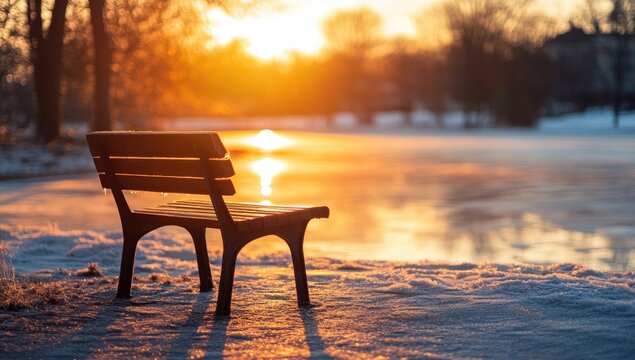 Empty park bench by frozen lake at sunset - Powered by Adobe