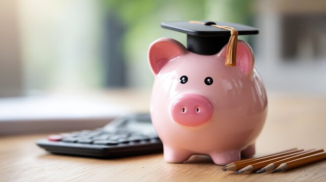 A pink piggy bank wearing a graduation cap sits next to a calculator and pencils, symbolizing saving money for education