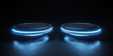 Two dark circular platforms with glowing blue rings